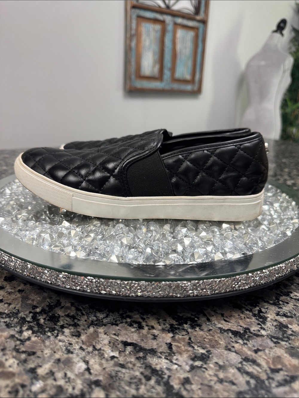 Steve Madden Black Quilted Slip-On Sneakers with White Sole 8.5
